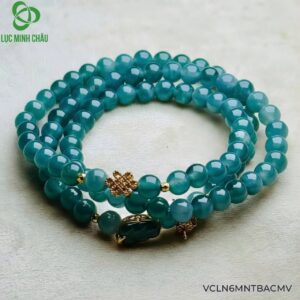 Vòng chuỗi lam ngọc 6 ly mix charm nút thắt bình an mạ vàng