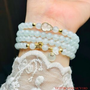 Chuỗi phỉ thuý trắng băng chủng 6 li Type A mix túi tiền phỉ thuý & charm vàng 18K VIP