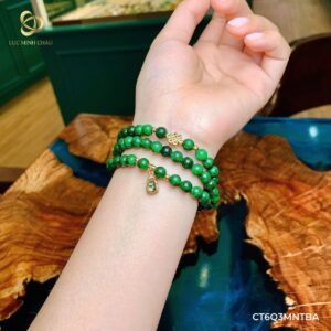 Vòng cẩm thạch 6 ly quấn 3 mix nút thắt bình an & hồ lô mạ 24K