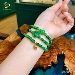 Cẩm thạch mix charm sen bạc – cầu khắc – Tỳ Hưu