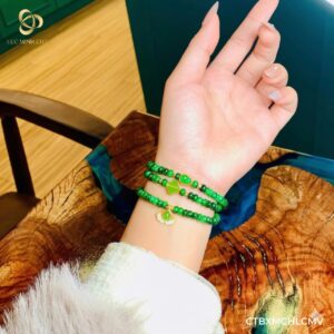 Vòng cẩm thạch bánh xe mix hồ lô phỉ thúy & charm cỏ mạ vàng