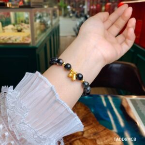 Vòng Thạch Anh Tóc Đen 8ly mix charm chuông hồ lô bạc mạ vàng